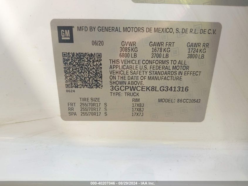VIN 3GCPWCEK8LG341316 2020 CHEVROLET SILVERADO 1500 2WD  SHORT BED LT