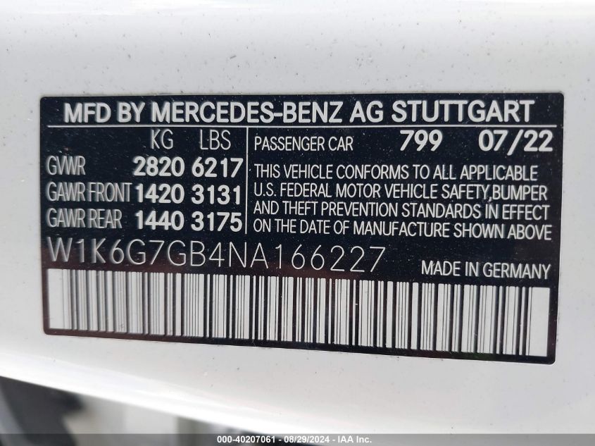 2022 Mercedes-Benz S 580 4Matic VIN: W1K6G7GB4NA166227 Lot: 40207061