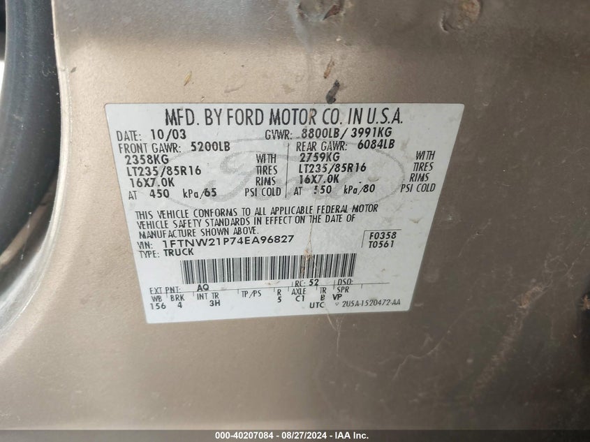 2004 Ford F-250 Lariat/Xl/Xlt VIN: 1FTNW21P74EA96827 Lot: 40207084