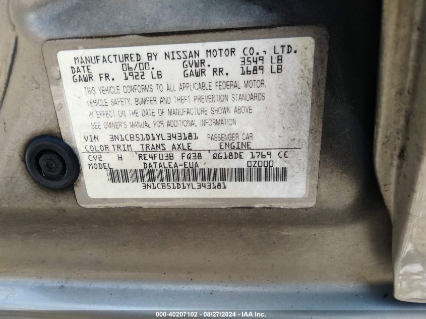 2000 Nissan Sentra Gxe/Xe VIN: 3N1CB51D1YL343181 Lot: 40207102