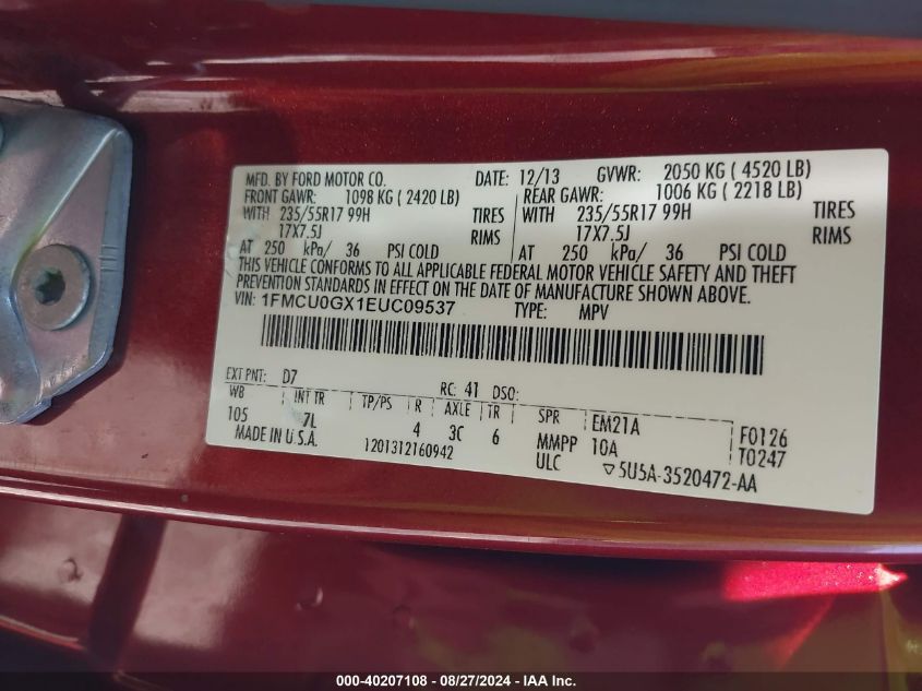 2014 Ford Escape VIN: 1FMCU0GX1EUC09537 Lot: 40207108