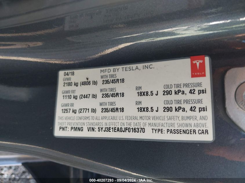 2018 Tesla Model 3 VIN: 5YJ3E1EA0JF016370 Lot: 40207293