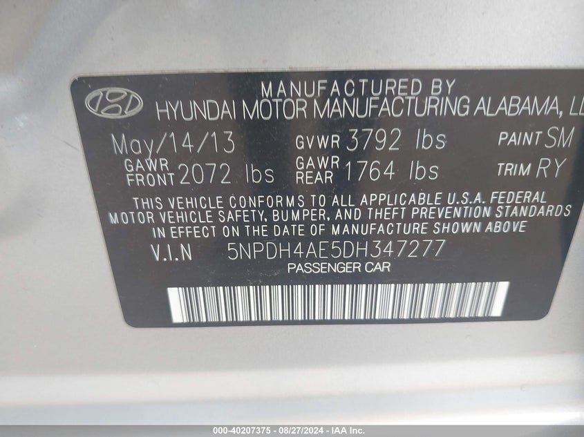 5NPDH4AE5DH347277 2013 Hyundai Elantra Limited
