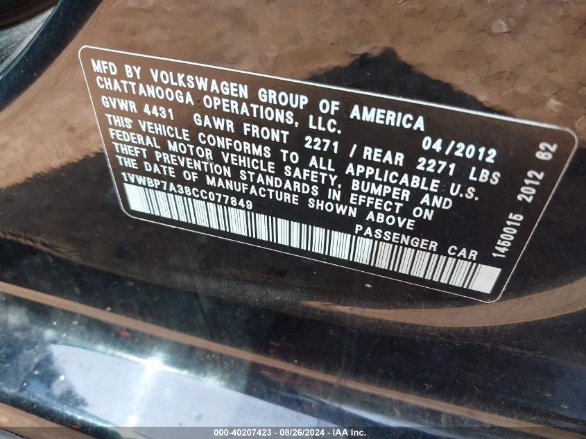 2012 Volkswagen Passat 2.5L Se VIN: 1VWBP7A38CC077849 Lot: 40207423