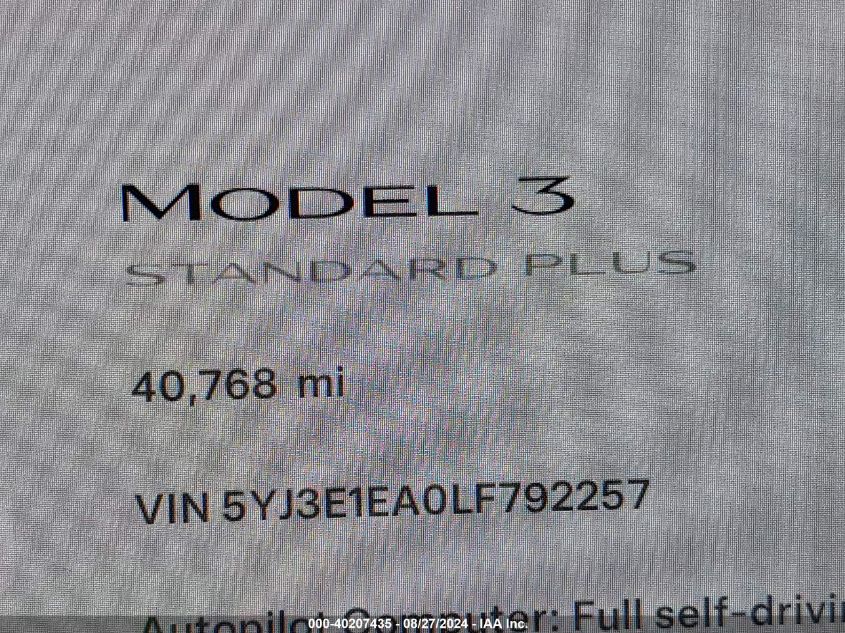 2020 Tesla Model 3 Standard Range Plus Rear-Wheel Drive/Standard Range Rear-Wheel Drive VIN: 5YJ3E1EA0LF792257 Lot: 40207435