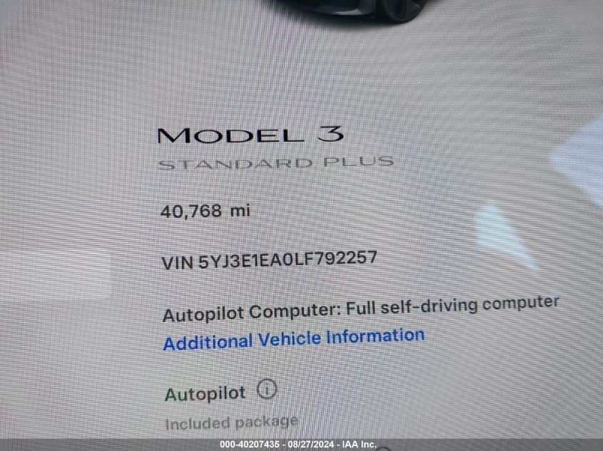 2020 Tesla Model 3 Standard Range Plus Rear-Wheel Drive/Standard Range Rear-Wheel Drive VIN: 5YJ3E1EA0LF792257 Lot: 40207435