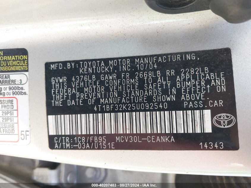 4T1BF32K25U092540 2005 Toyota Camry Le V6