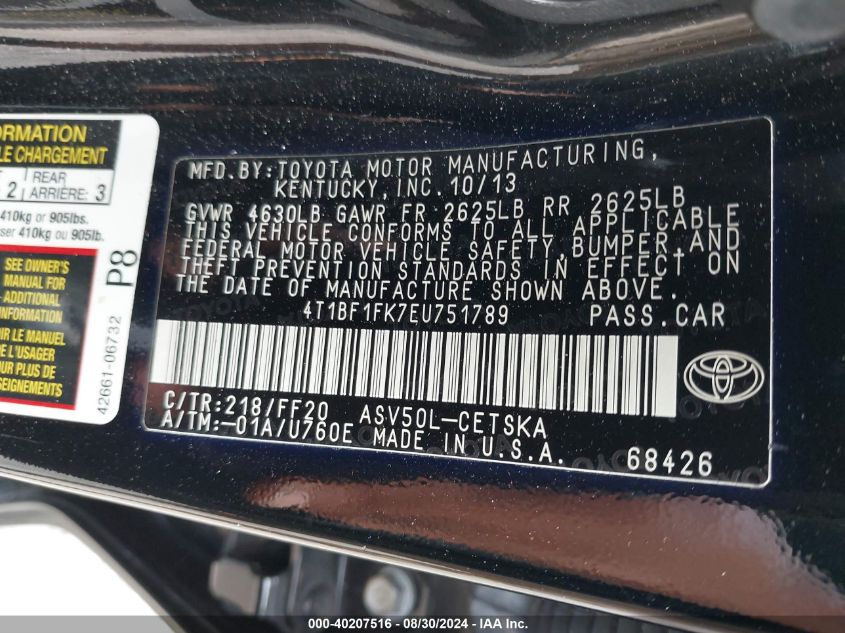 2014 Toyota Camry Se Sport VIN: 4T1BF1FK7EU751789 Lot: 40207516