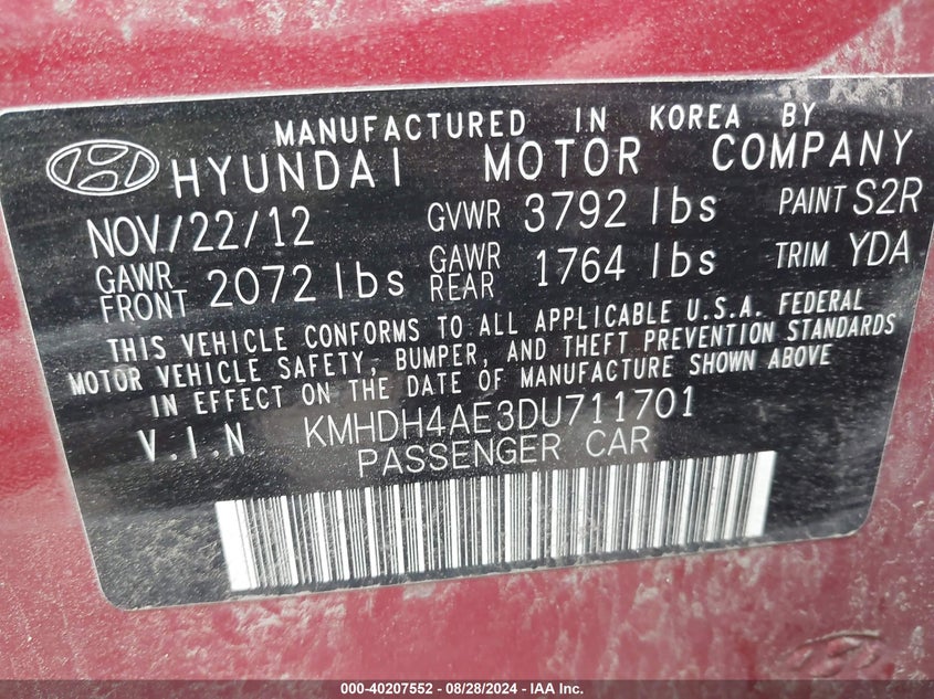 KMHDH4AE3DU711701 2013 Hyundai Elantra Limited