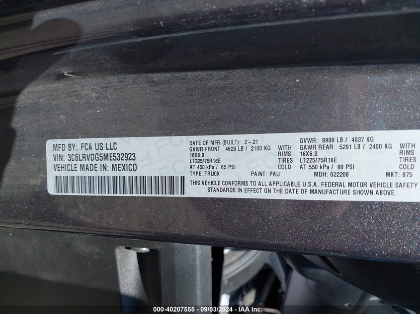 VIN 3C6LRVDG5ME532923 2021 RAM PROMASTER 2500 HIGH ROOF 159 WB
