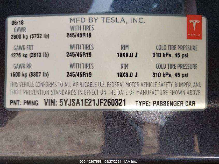 5YJSA1E21JF260321 2018 Tesla Model S 100D/75D/P100D