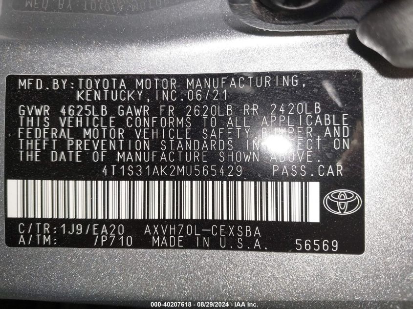 2021 Toyota Camry Se Hybrid VIN: 4T1S31AK2MU565429 Lot: 40207618