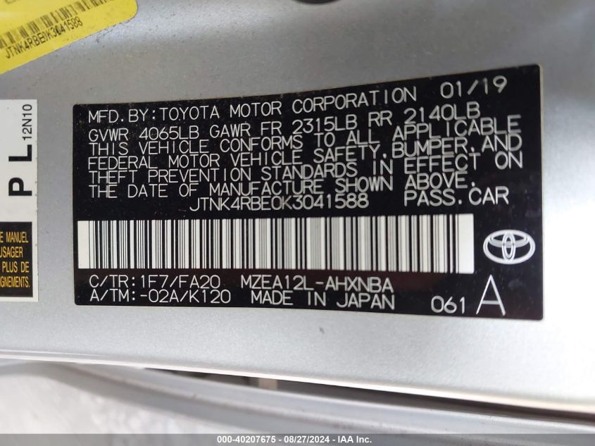 2019 TOYOTA COROLLA VIN: JTNK4RBE0K3041588