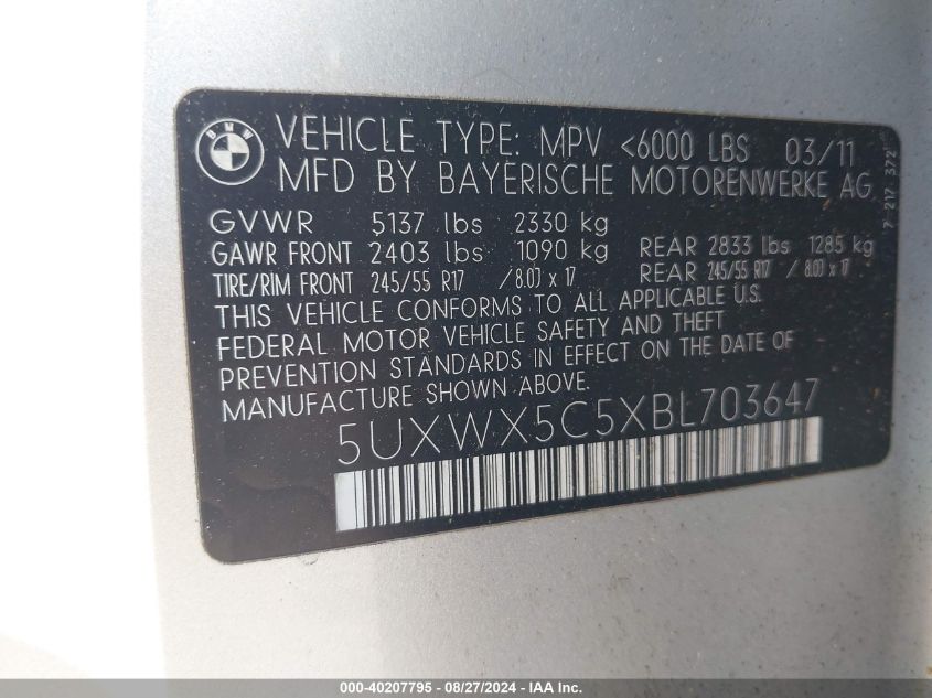 5UXWX5C5XBL703647 2011 BMW X3 xDrive28I