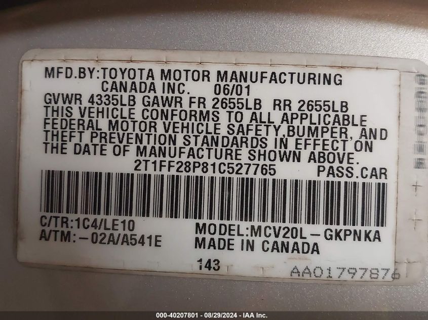 2T1FF28P81C527765 2001 Toyota Camry Solara Sle V6