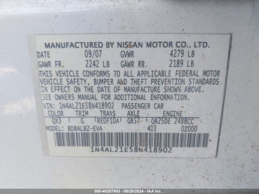 2008 Nissan Altima 2.5/2.5S VIN: 1N4AL21E58N418902 Lot: 40207803