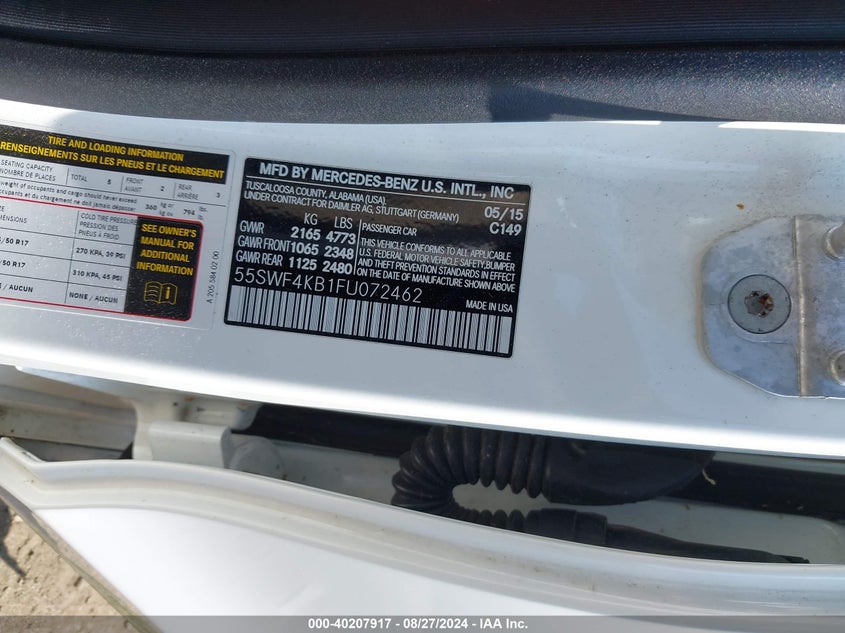 2015 Mercedes-Benz C 300 4Matic/Luxury 4Matic/Sport 4Matic VIN: 55SWF4KB1FU072462 Lot: 40207917