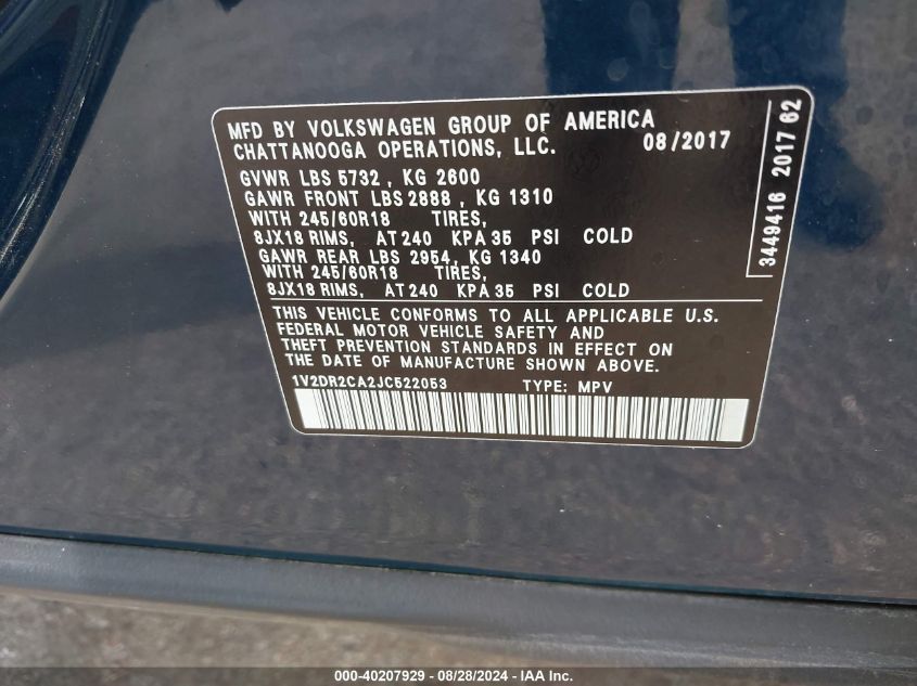 1V2DR2CA2JC522053 2018 Volkswagen Atlas 3.6L V6 Se/3.6L V6 Se W/Technology