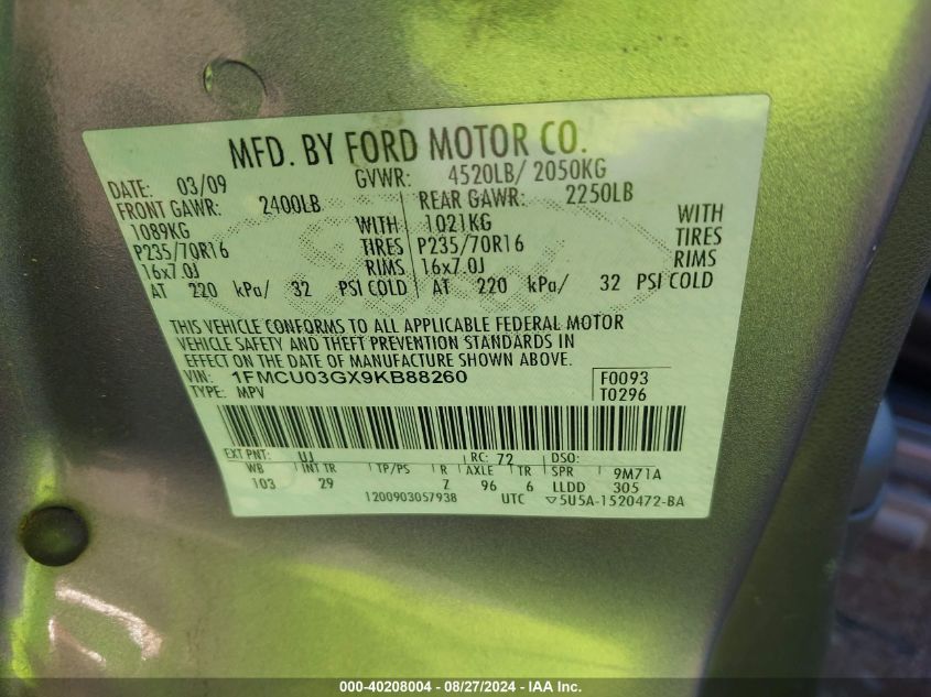 2009 Ford Escape Xlt VIN: 1FMCU03GX9KB88260 Lot: 40208004