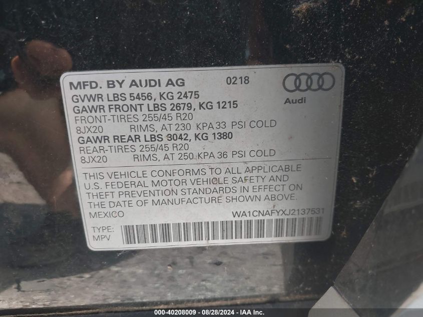 2018 Audi Q5 2.0T Premium/2.0T Tech Premium VIN: WA1CNAFYXJ2137531 Lot: 40208009