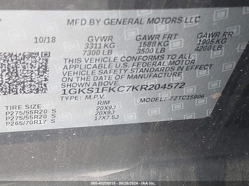 1GKS1FKC7KR204572 2019 GMC Yukon Xl Sle