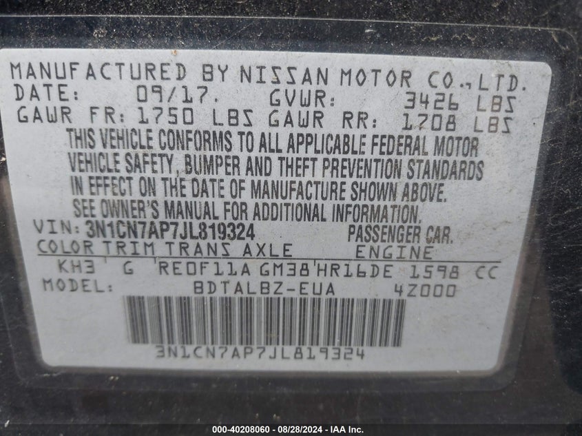 2018 NISSAN VERSA 1.6 SV - 3N1CN7AP7JL819324