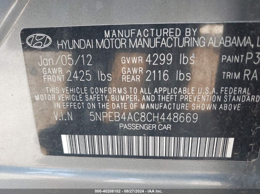 2012 Hyundai Sonata Gls VIN: 5NPEB4AC8CH448669 Lot: 40208102