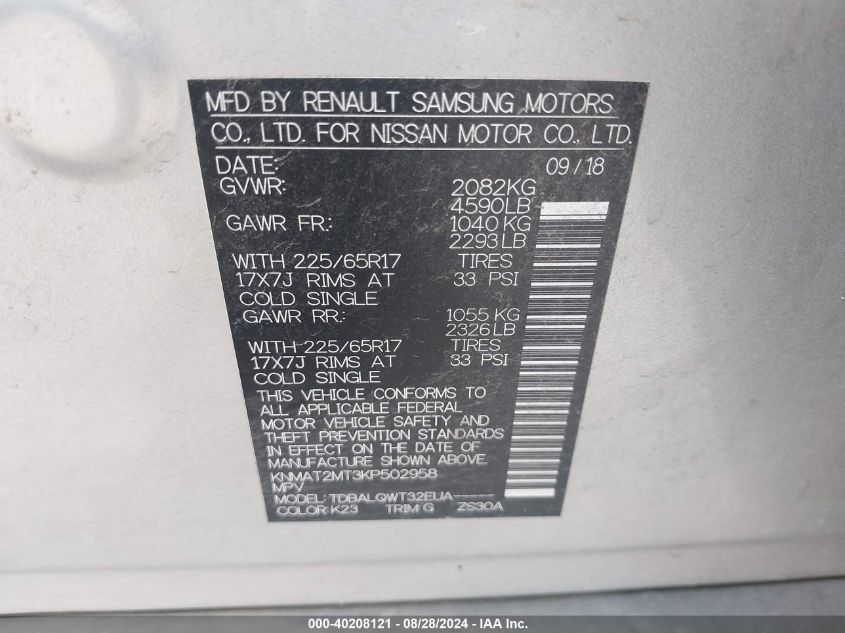 2019 NISSAN ROGUE SV - KNMAT2MT3KP502958