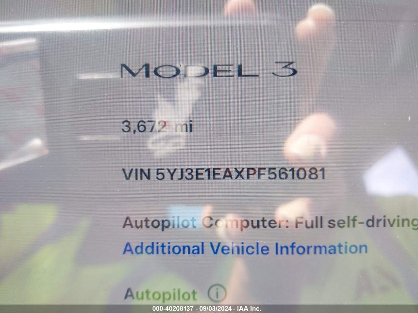 2023 Tesla Model 3 Rear-Wheel Drive VIN: 5YJ3E1EAXPF561081 Lot: 40208137