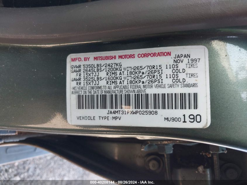 1998 Mitsubishi Montero Sport Ls VIN: JA4MT31PXWP025908 Lot: 40208144