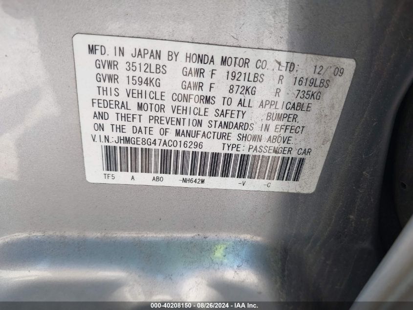 2010 Honda Fit Sport VIN: JHMGE8G47AC016296 Lot: 40208150