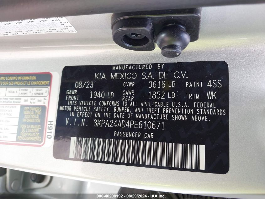 2023 Kia Rio Lx VIN: 3KPA24AD4PE610671 Lot: 40208192