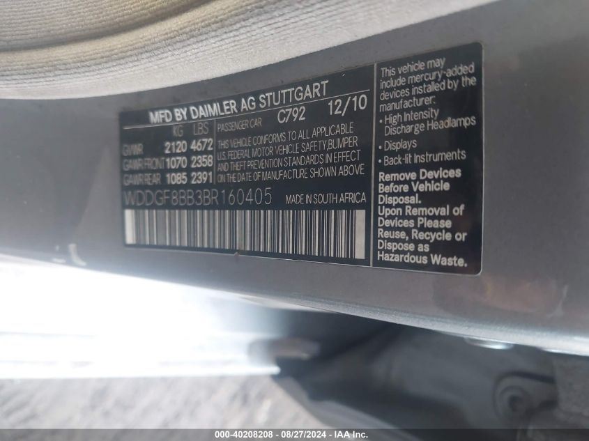 2011 Mercedes-Benz C 300 Luxury 4Matic/Sport 4Matic VIN: WDDGF8BB3BR160405 Lot: 40208208