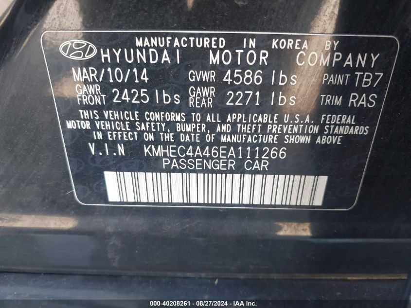 2014 Hyundai Sonata Hybrid Limited VIN: KMHEC4A46EA111266 Lot: 40208261