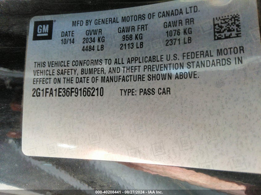 2015 Chevrolet Camaro 1Ls VIN: 2G1FA1E36F9166210 Lot: 40208441