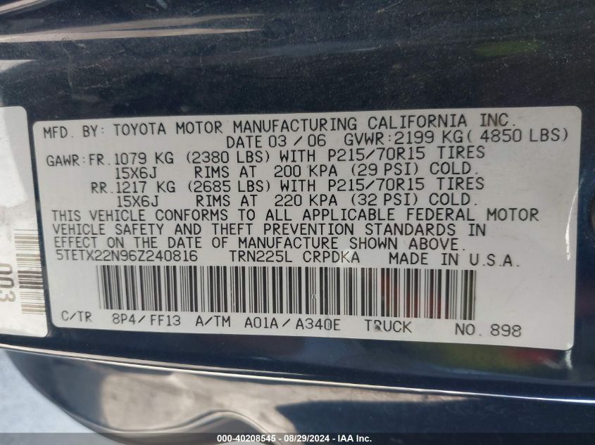 2006 Toyota Tacoma VIN: 5TETX22N96Z240816 Lot: 40208545