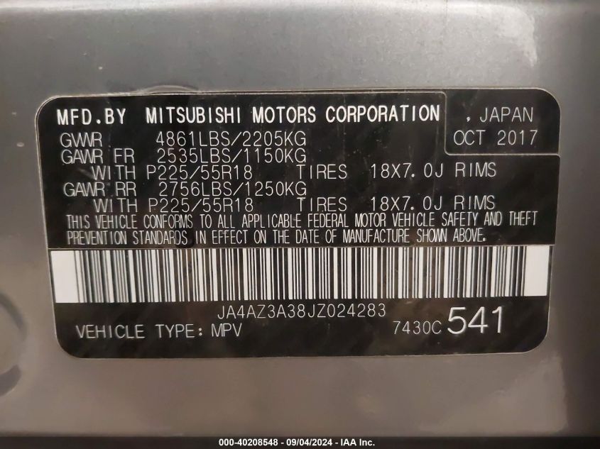 2018 Mitsubishi Outlander Le VIN: JA4AZ3A38JZ024283 Lot: 40208548