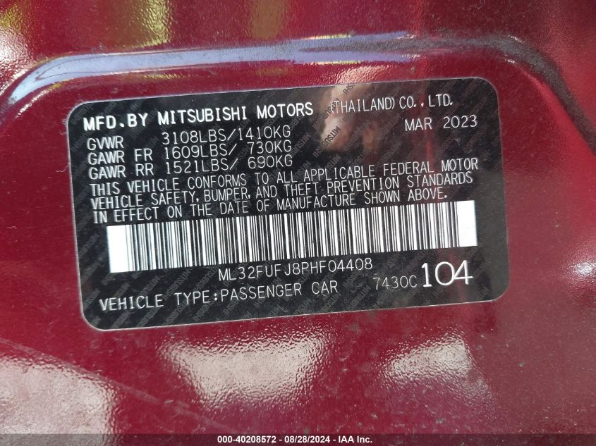 2023 Mitsubishi Mirage G4 Es VIN: ML32FUFJ8PHF04408 Lot: 40208572