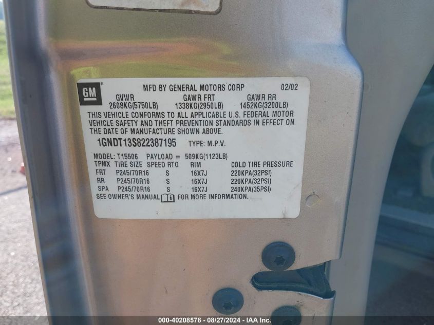 2002 Chevrolet Trailblazer Ls VIN: 1GNDT13S822387195 Lot: 40208578