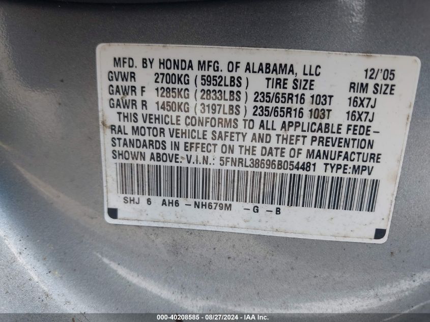 2006 Honda Odyssey Ex-L VIN: 5FNRL38696B054481 Lot: 40208585