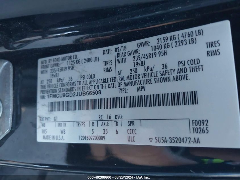 2018 Ford Escape Se VIN: 1FMCU9GD2JUB66508 Lot: 40208600