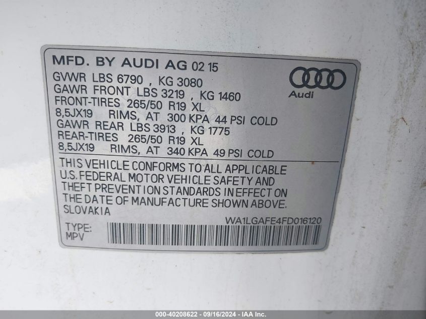 WA1LGAFE4FD016120 2015 Audi Q7 3.0T Premium