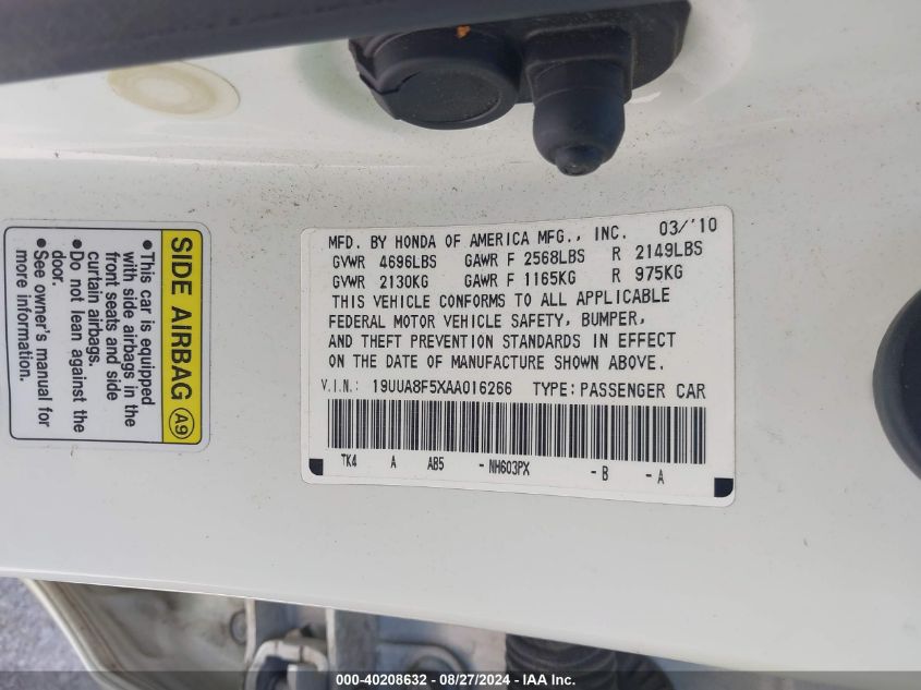 19UUA8F5XAA016266 2010 Acura Tl 3.5