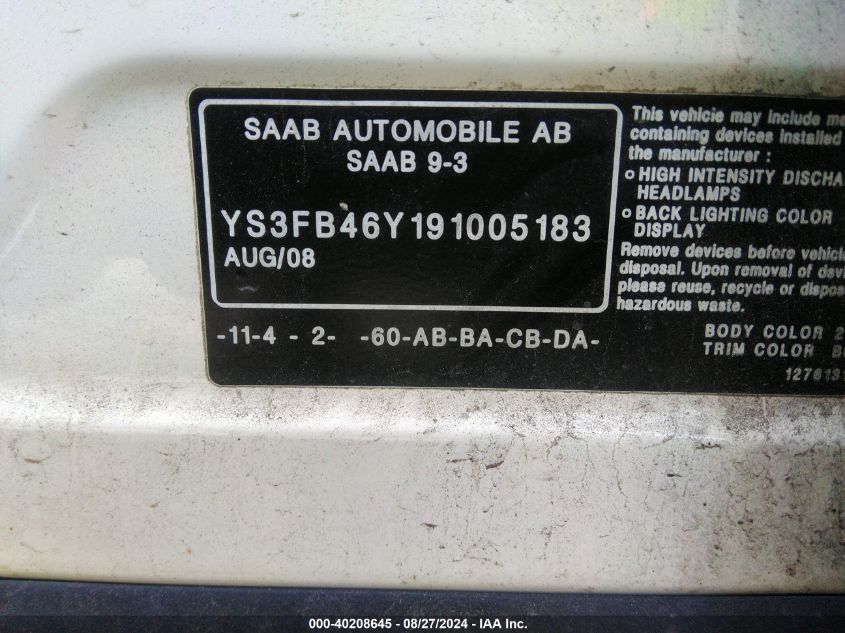 YS3FB46Y191005183 2009 Saab 9-3 2.0T