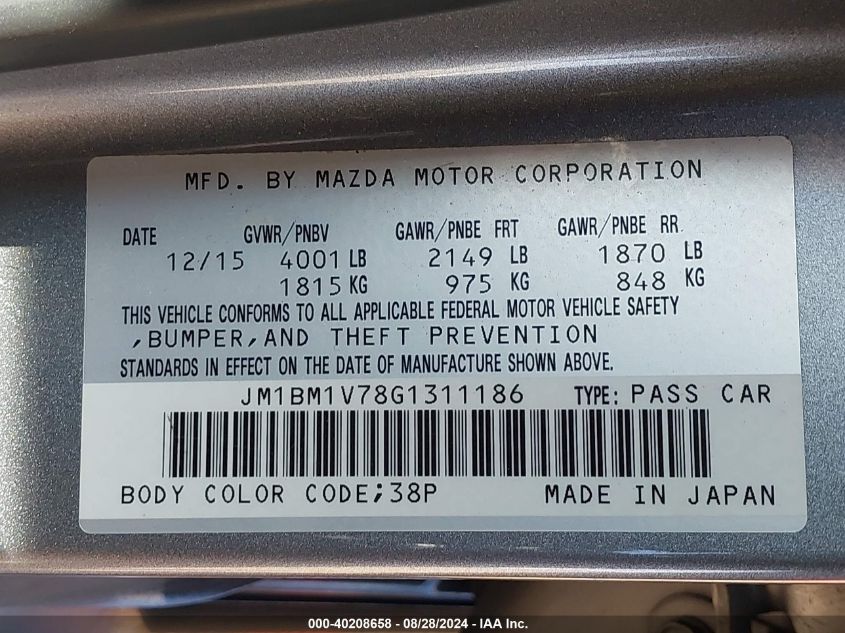 2016 Mazda Mazda3 I Touring VIN: JM1BM1V78G1311186 Lot: 40208658