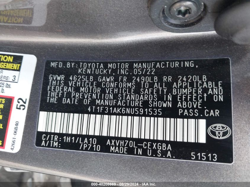 2022 Toyota Camry Xle Hybrid VIN: 4T1F31AK6NU591535 Lot: 40208669