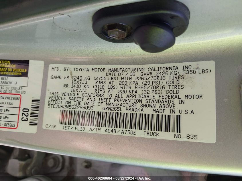 2006 Toyota Tacoma Prerunner V6 VIN: 5TEJU62N56Z299093 Lot: 40208684