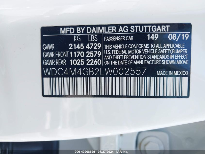 WDC4M4GB2LW002557 2020 Mercedes-Benz Glb 250