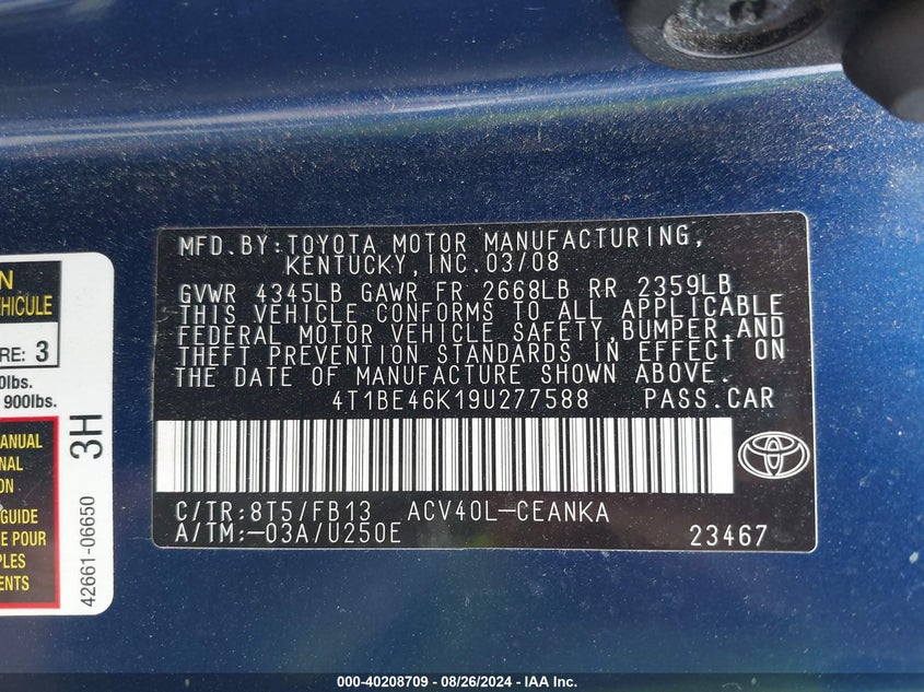 2009 Toyota Camry Le VIN: 4T1BE46K19U277588 Lot: 40208709