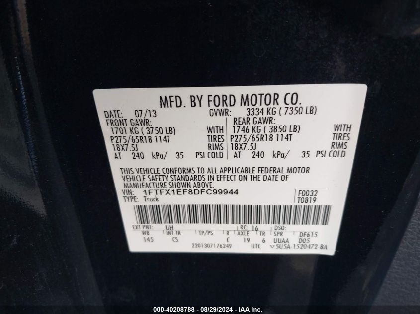 2013 Ford F-150 Stx VIN: 1FTFX1EF8DFC99944 Lot: 40208788